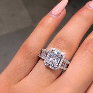 NEW 925 Silver Radiant Cut Diamond Halo Ring